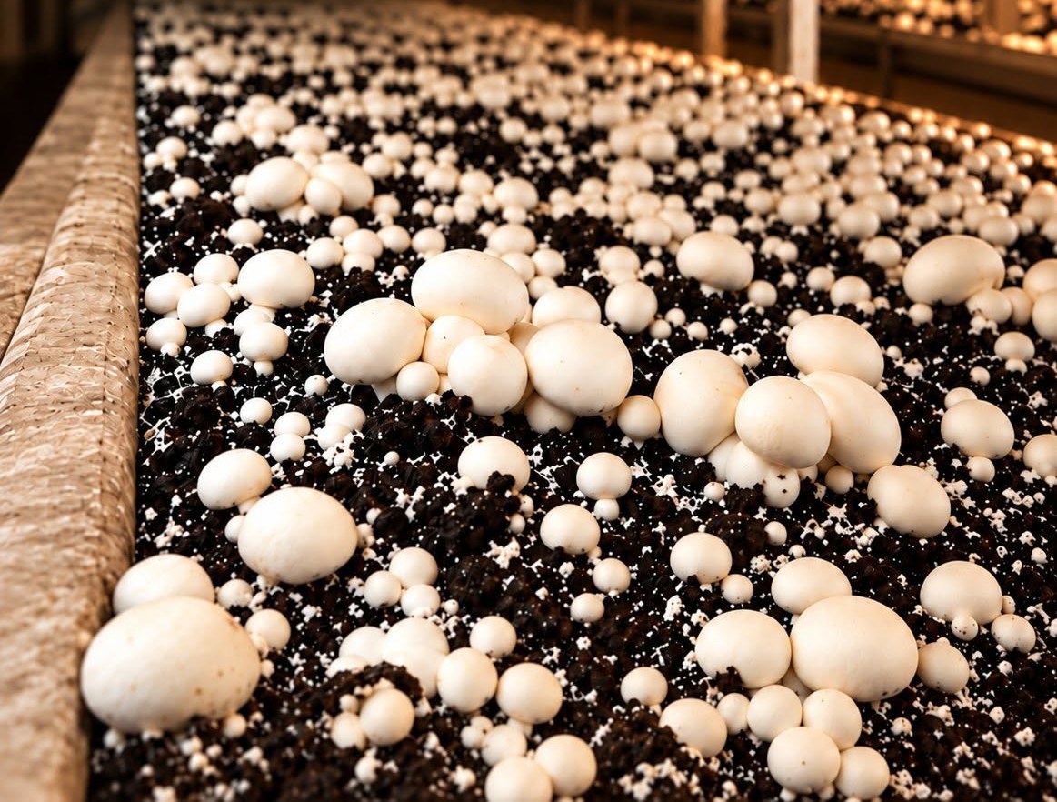 White mushrooms growing on a bed inside one of our growing rooms
