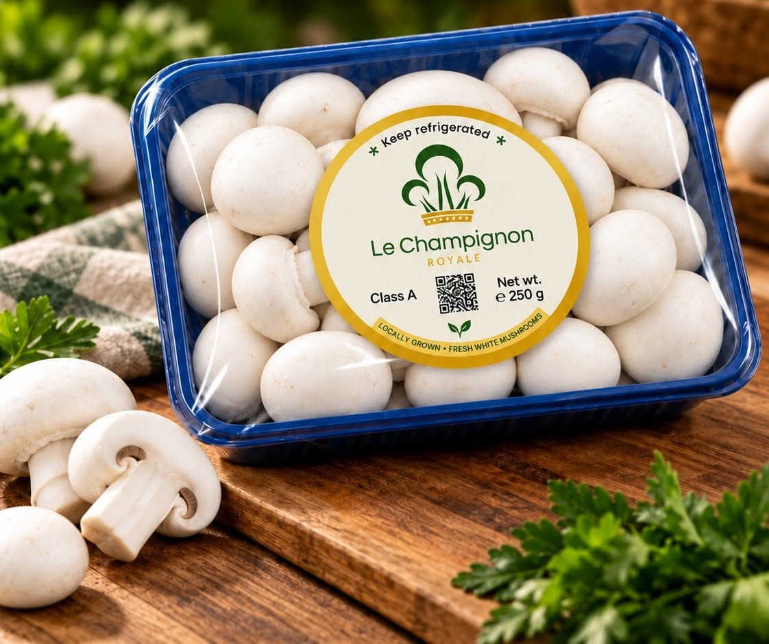 A 250 g tray of Le Champignon Royale white mushrooms on a wooden board with fresh parsley